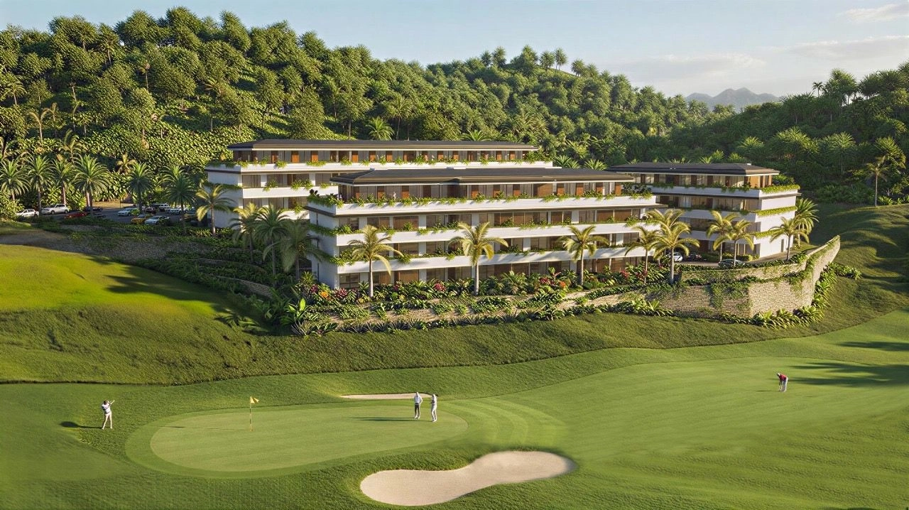 Bostadsområdet är perfekt integrerat i golfbanans böljande kullar.