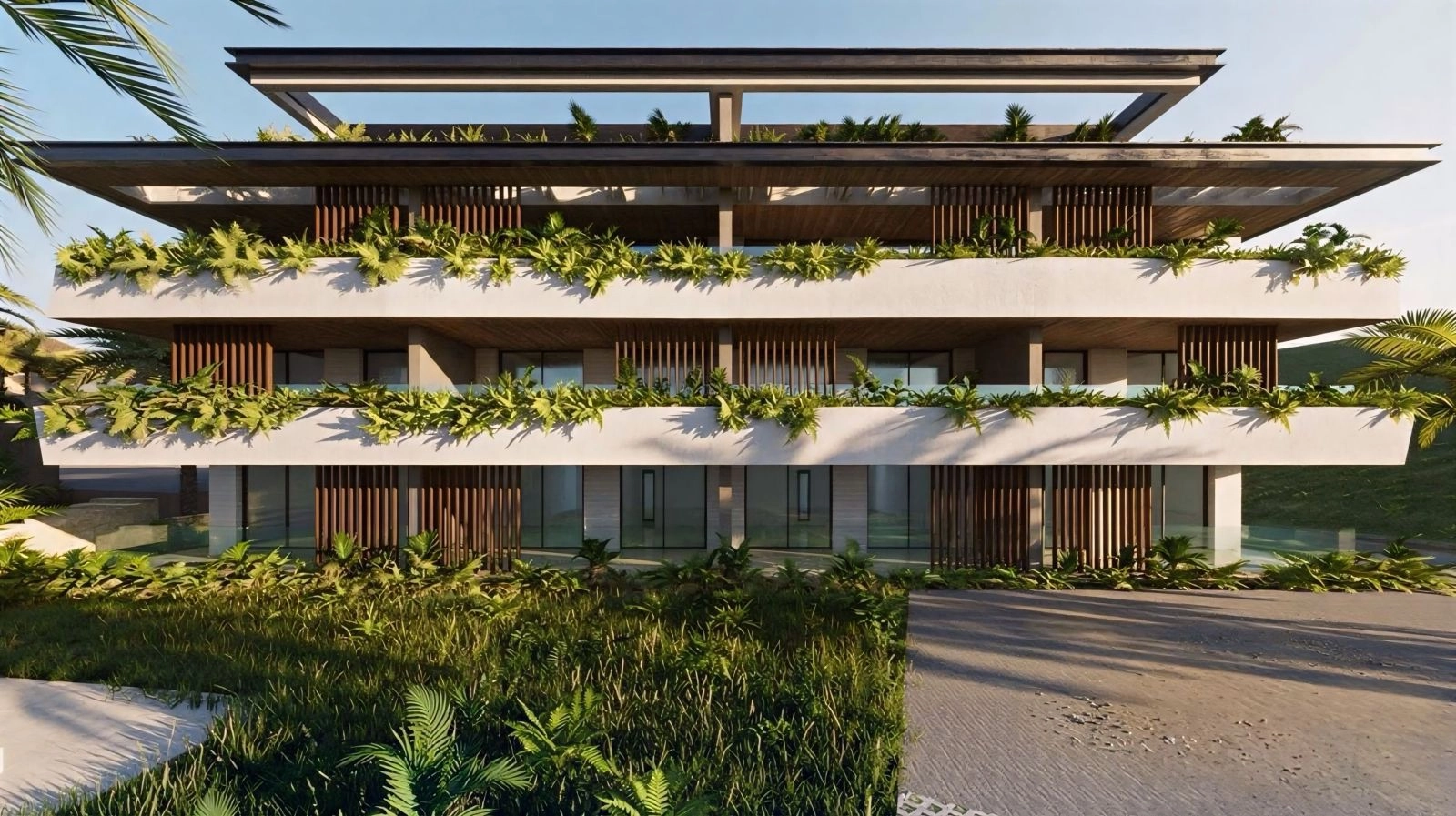 Byggnadens arkitektur blandar naturmaterial med modern design.