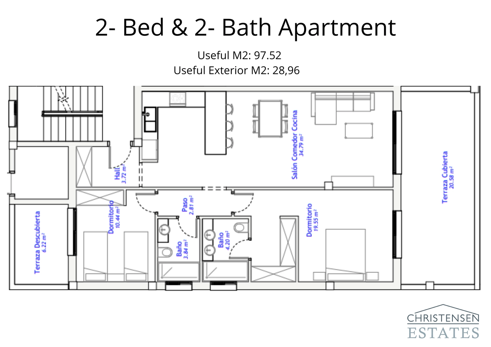 Planritning för en lägenhet med två sovrum, som visar ett rymligt vardagsrum och en stor privat terrass.