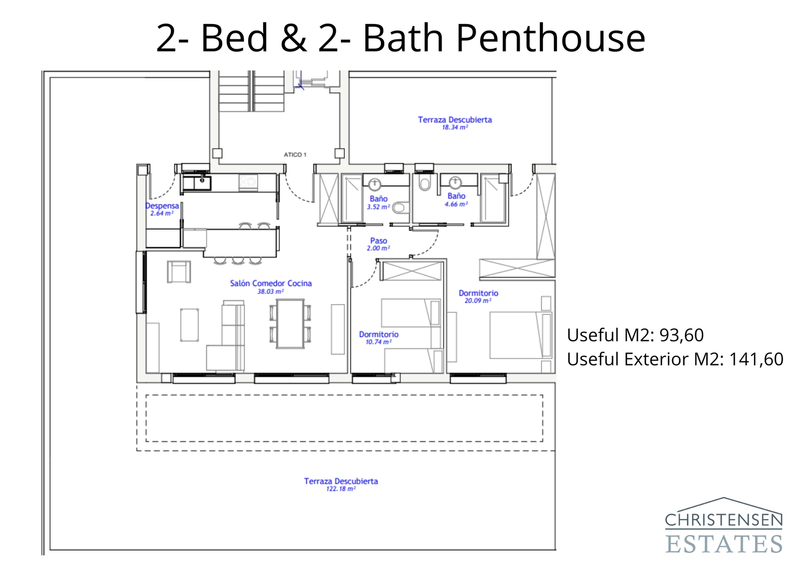 Penthouse-planlösningen har en expansiv terrass, perfekt för att njuta av utsikten och utomhuslivet.
