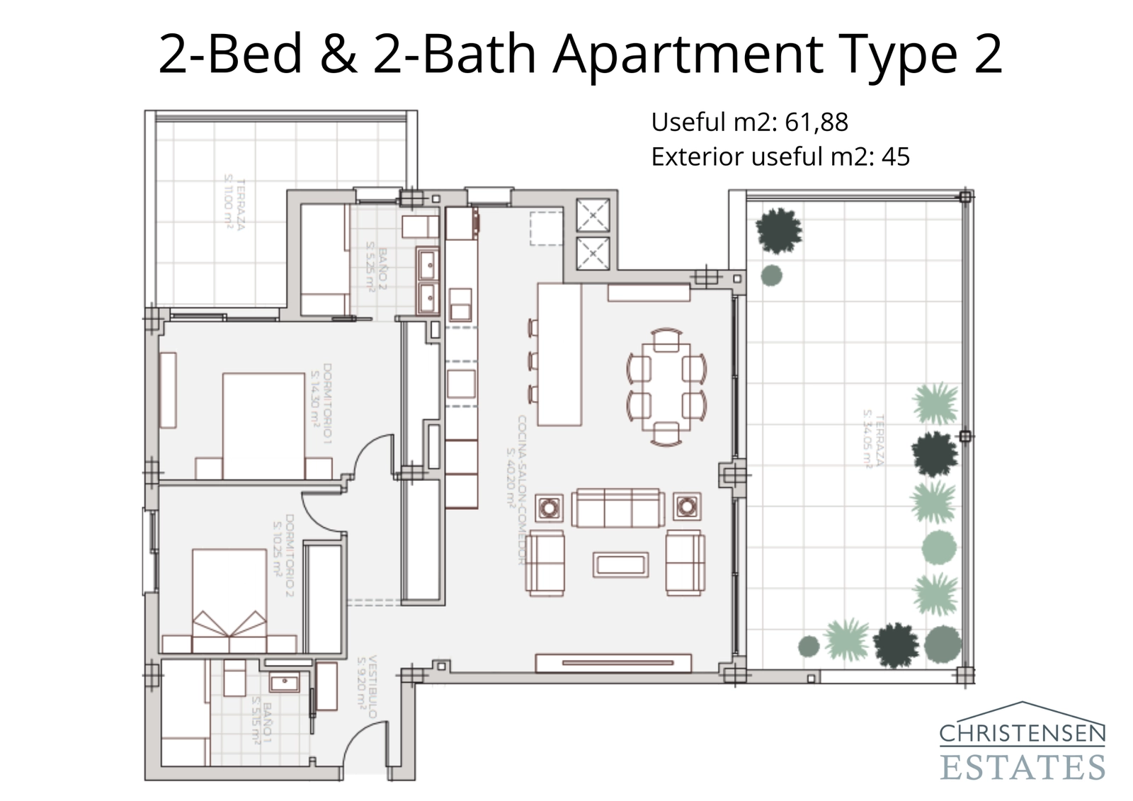 En alternativ planlösning med två sovrum, med två terrasser för att njuta av både morgon- och eftermiddagssol.