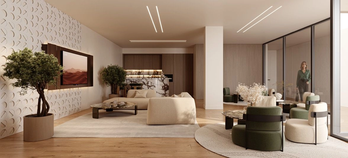 En mångsidig lounge för boende erbjuder en bekväm plats för arbete, möten eller umgänge.