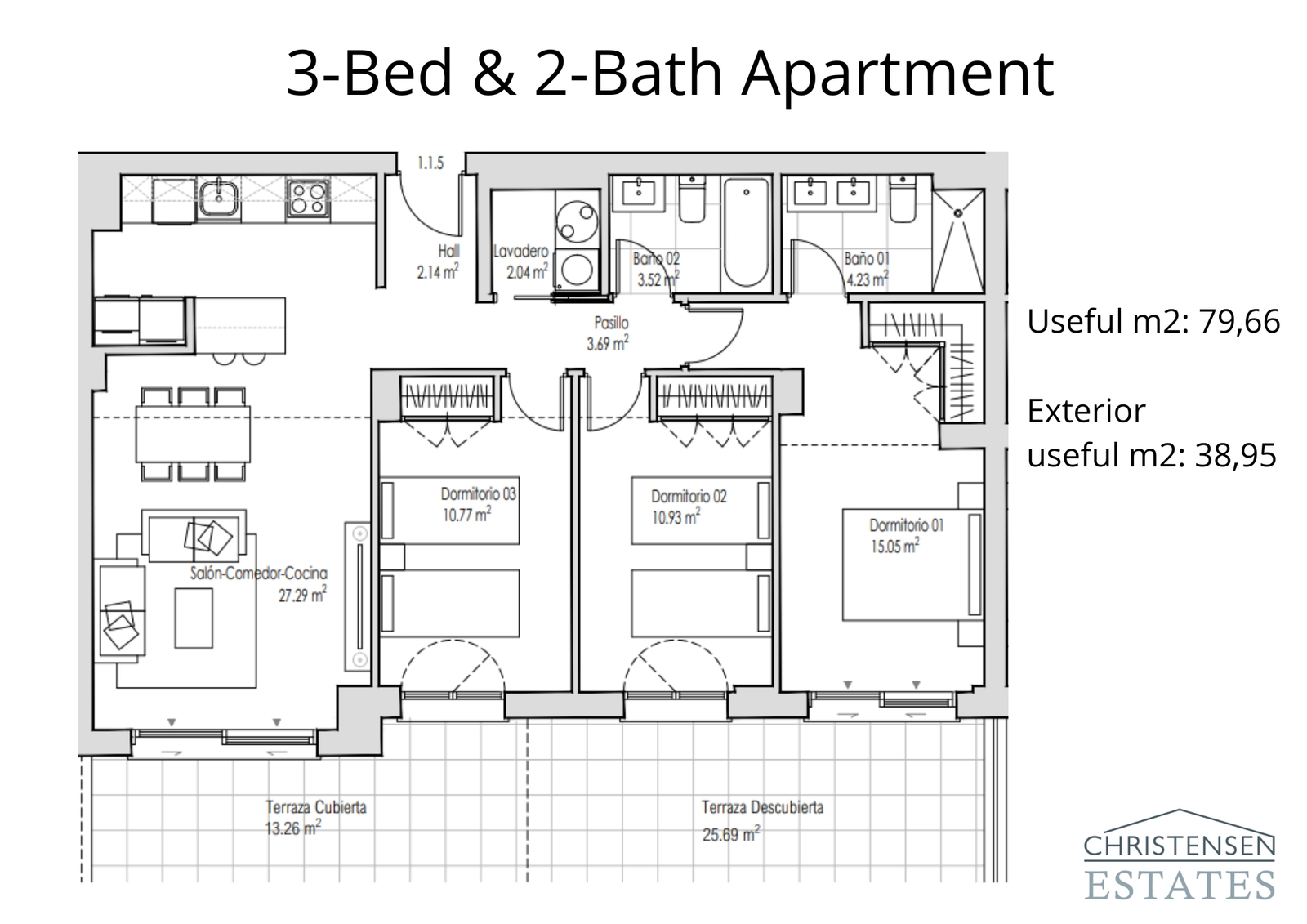 Den rymliga lägenheten med tre sovrum erbjuder gott om plats för familjer, med ett generöst vardagsrum med öppen planlösning och en stor terrass för utomhusvistelse.