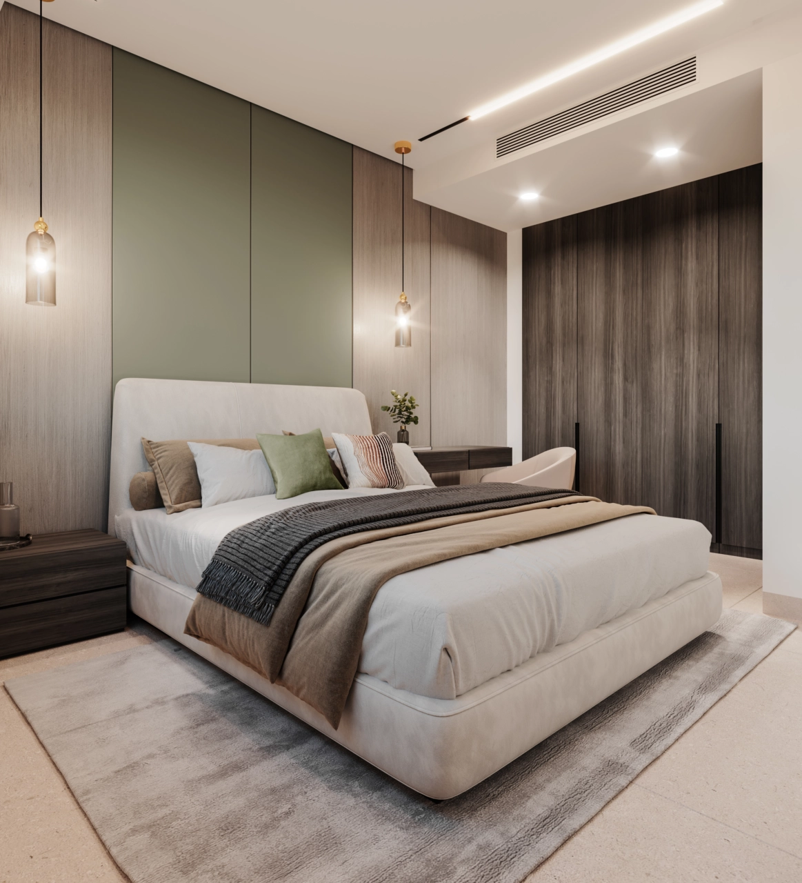 Ett bekvämt och stilfullt sekundärt sovrum, designat med varma material och gott om förvaring.