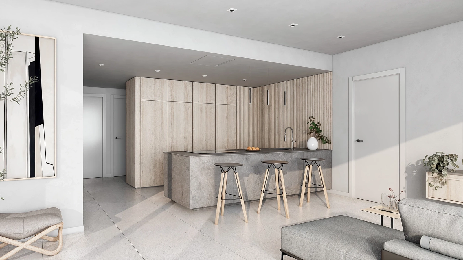 Ett modernt kök, fullt utrustat med högkvalitativa vitvaror och ytskikt.