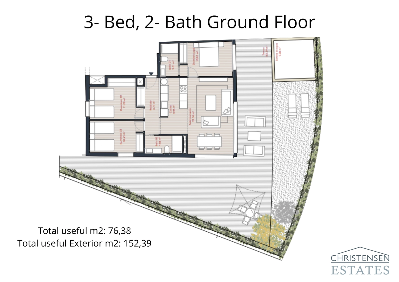 En rymlig tre-rumslösning på bottenvåningen med generös interiöryta ansluten till en stor privat trädgård och terrass.