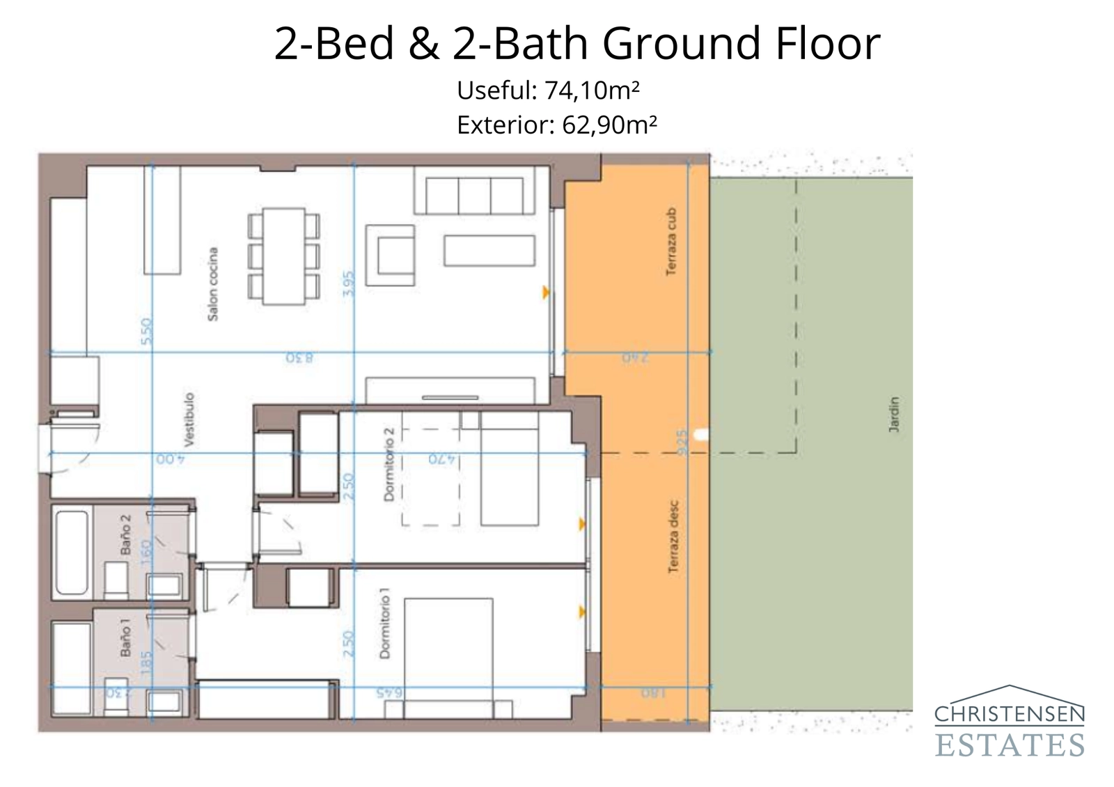 Denna planlösning för en bottenvåningslägenhet med två sovrum visar en smart design som maximerar utrymme och ljus, och förbinder vardagsrummet med en generös terrass och privat trädgård för ett sömlöst liv utomhus.