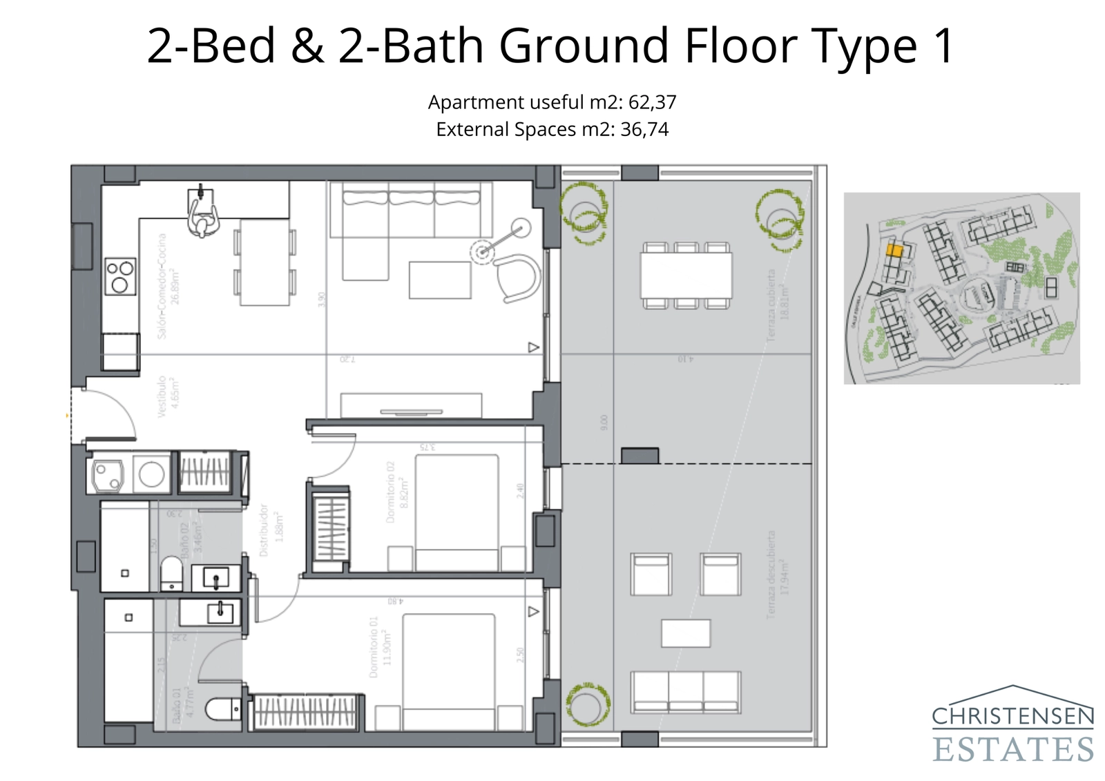 Ett väldesignat hem på bottenvåningen med två sovrum, med en generös terrass som utökar boytan utomhus.
