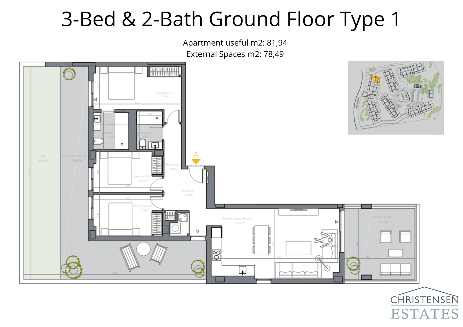 Denna rymliga trea på bottenvåningen inkluderar en privat trädgård och en stor täckt terrass, perfekt för familjelivet.