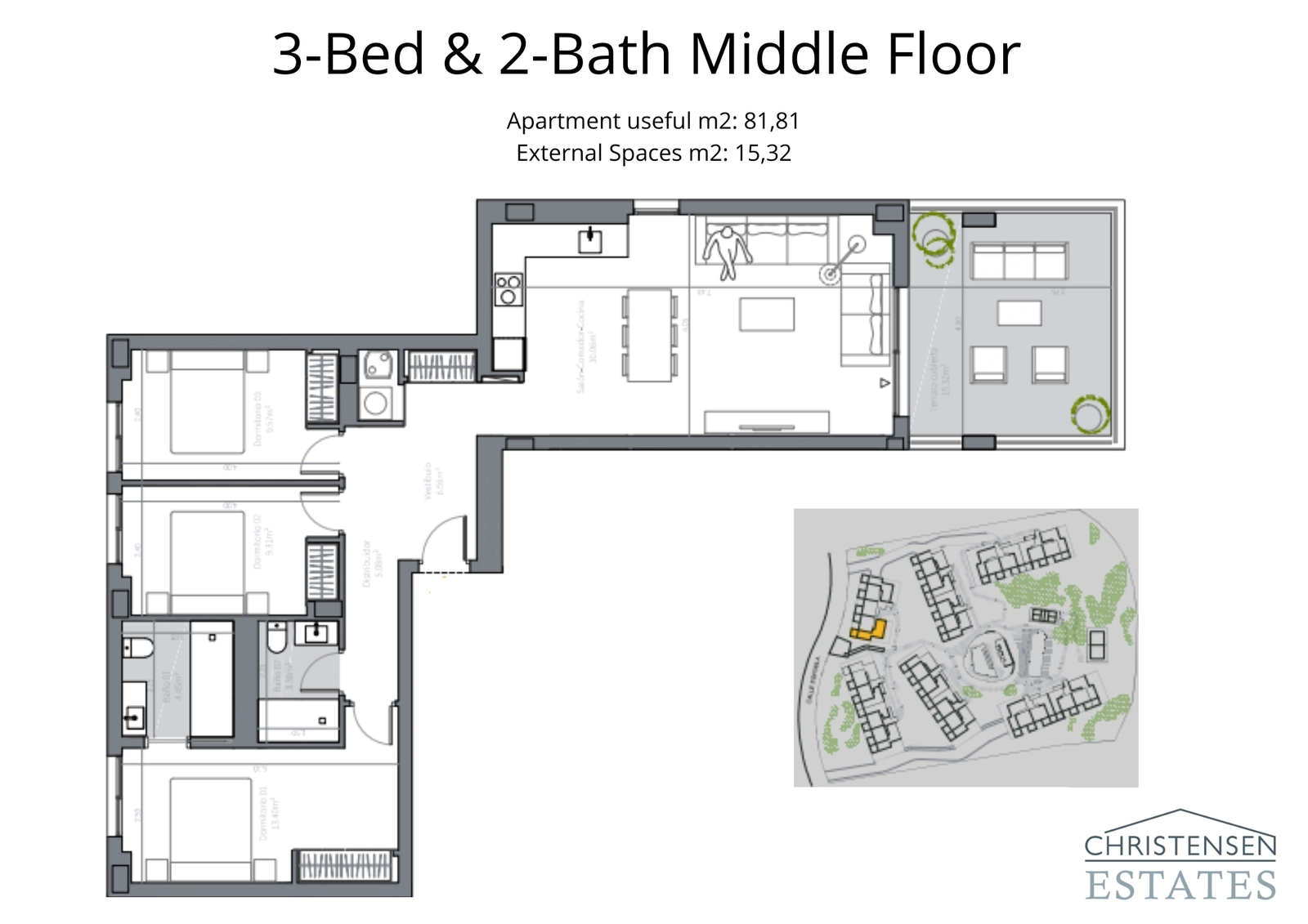 En bostad med tre sovrum på mellanvåningen med en praktisk planlösning, som separerar sovrummen från huvudvardagsrummet för avskildhet.