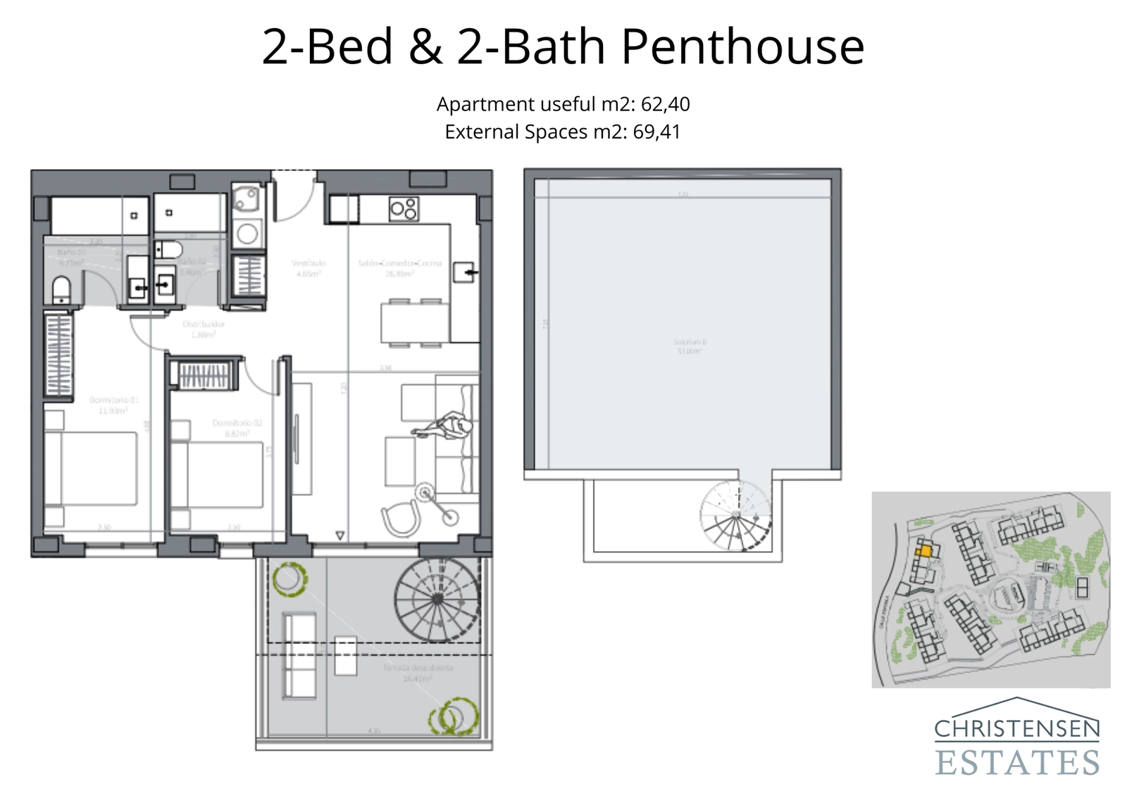 Exklusiv takvåningsdesign med två sovrum med en stor terrass och en privat spiraltrappa som leder till en magnifik takterrass/solarium.