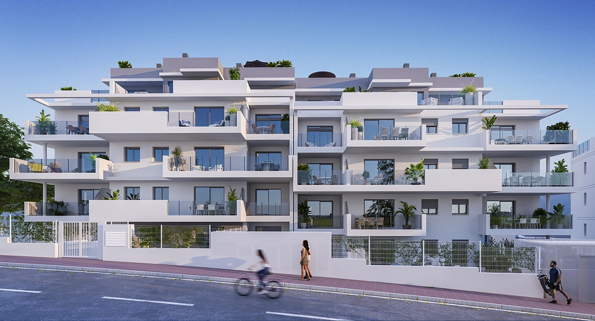 Byggnadens moderna arkitektoniska design, med rena linjer och rymliga terrasser.