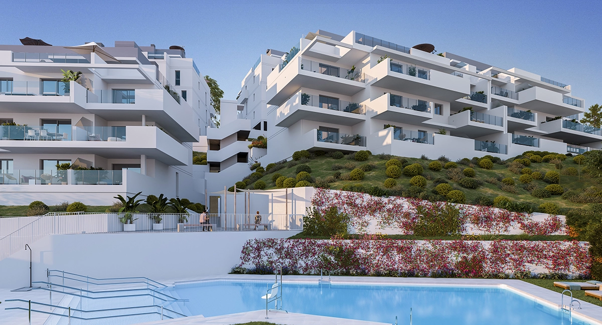Njut av avkopplande dagar vid den inbjudande gemensamma poolen, en oas av lugn inom bostadsområdet.