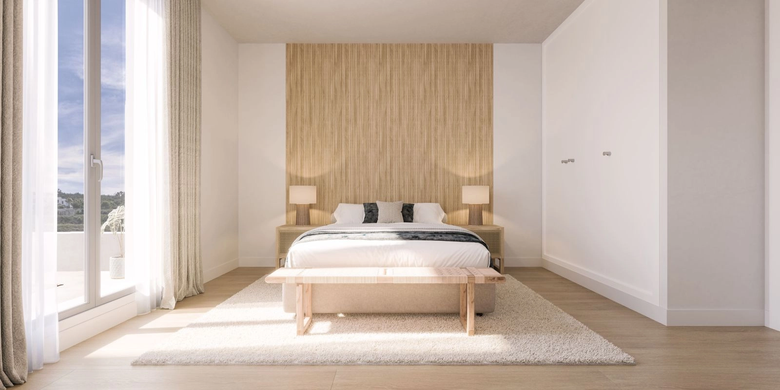 Elegant designade sovrum erbjuder en lugn plats för vila och avkoppling, fyllda med naturligt ljus.