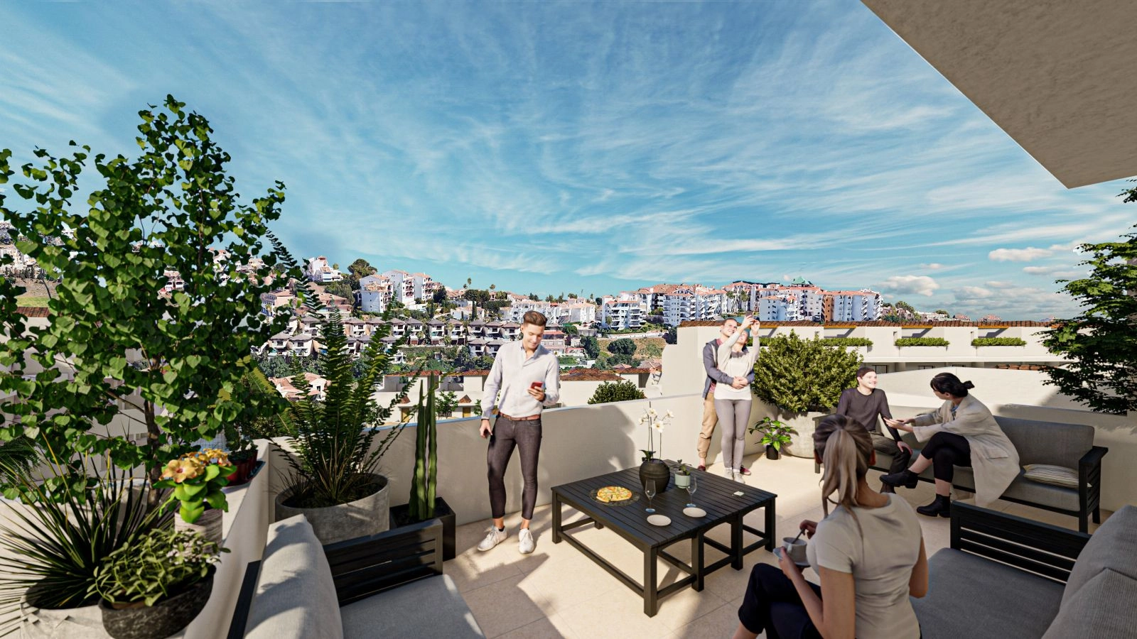 Koppla av eller umgås på din rymliga privata terrass, med vacker utsikt över Mijas kullar.