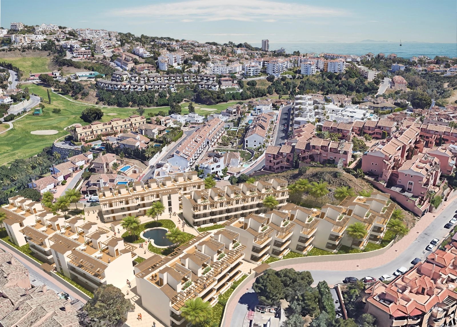 Ett flygperspektiv som visar bostadsområdet och dess utmärkta läge nära havet på Costa del Sol.