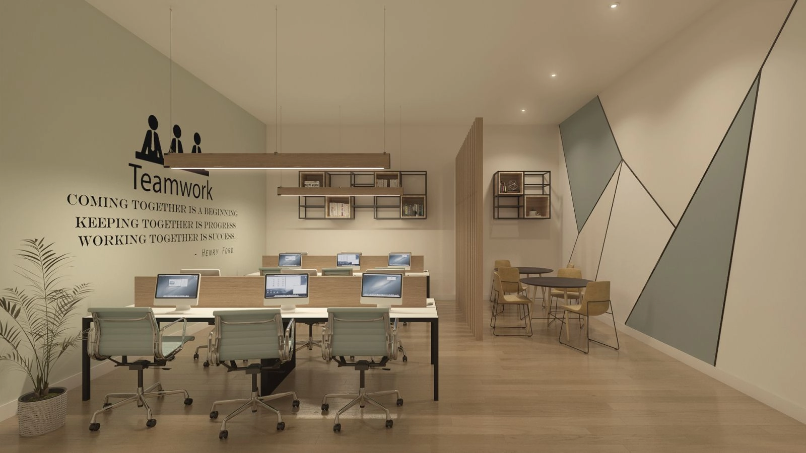 Co-working-utrymmet erbjuder en professionell och bekväm miljö för arbete eller möten.
