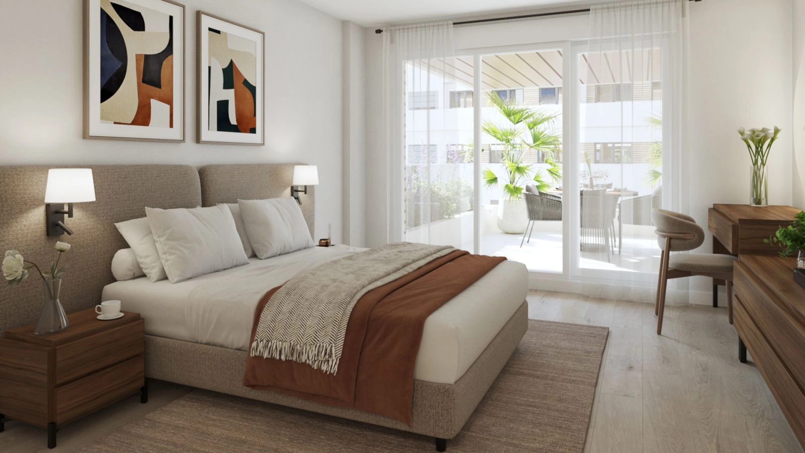 Ett rofyllt master bedroom med direkt tillgång till en privat terrass, som förenar inomhuskomfort med utomhus skönhet.