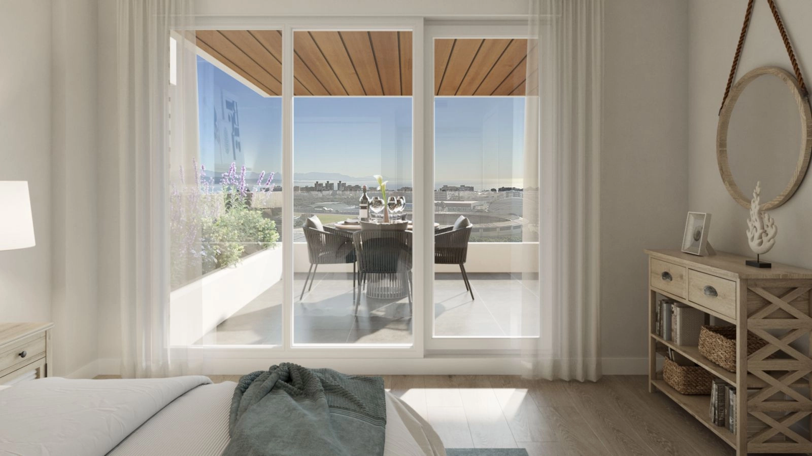 Vakna upp till fantastisk utsikt från master bedroom, där stora fönster ramar in det vackra landskapet.