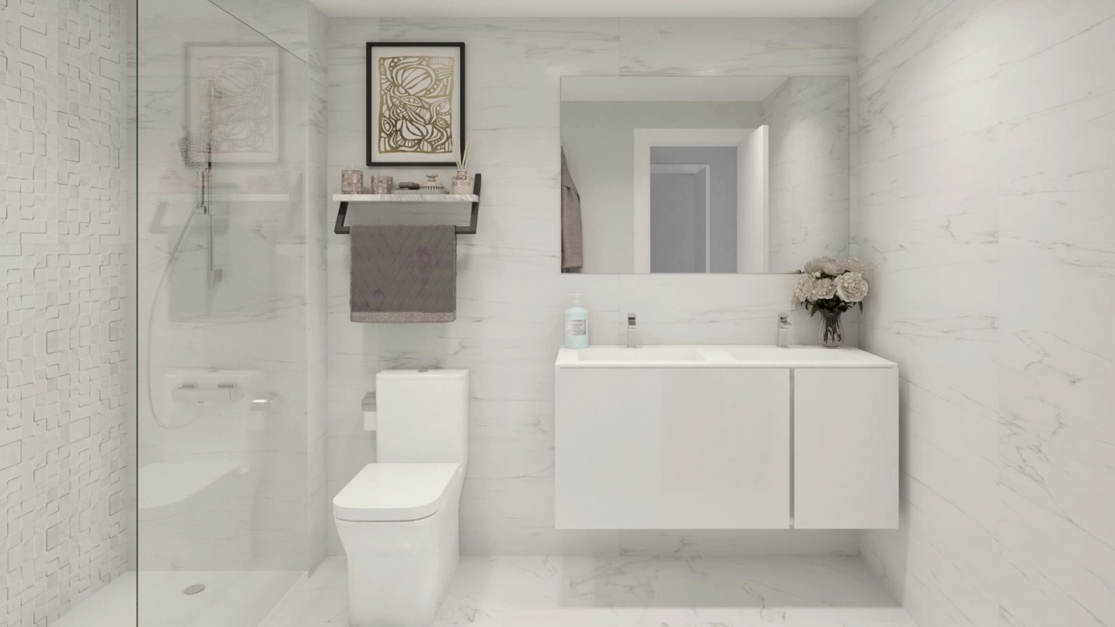 Ett stilrent och modernt badrum med premiummaterial och en ren, minimalistisk design.