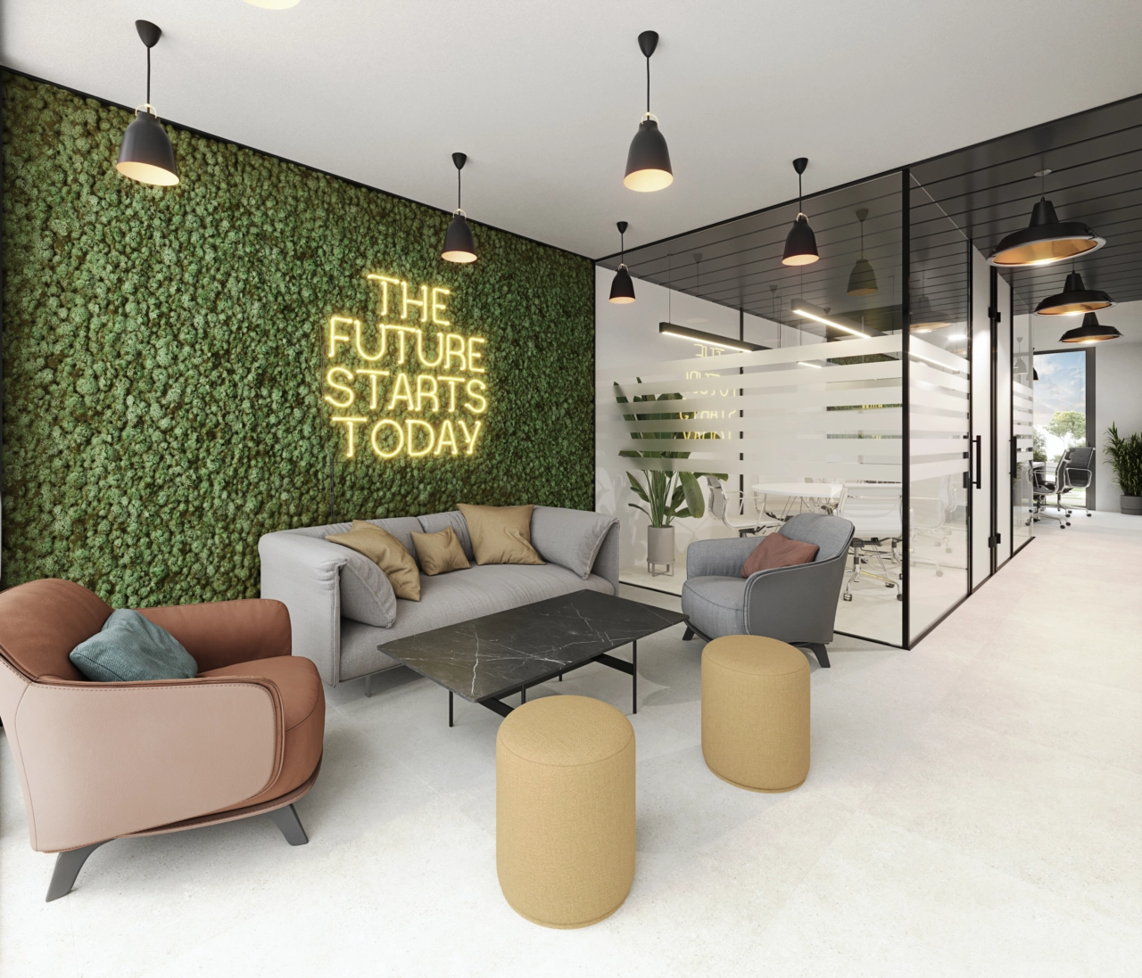 En stilfull och funktionell co-working-yta för boende att arbeta, mötas eller fokusera i en professionell miljö.