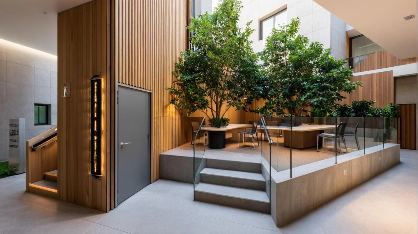 En innovativ co-working-yta utomhus där naturligt ljus, frisk luft och modern design förstärker produktivitet och välbefinnande.