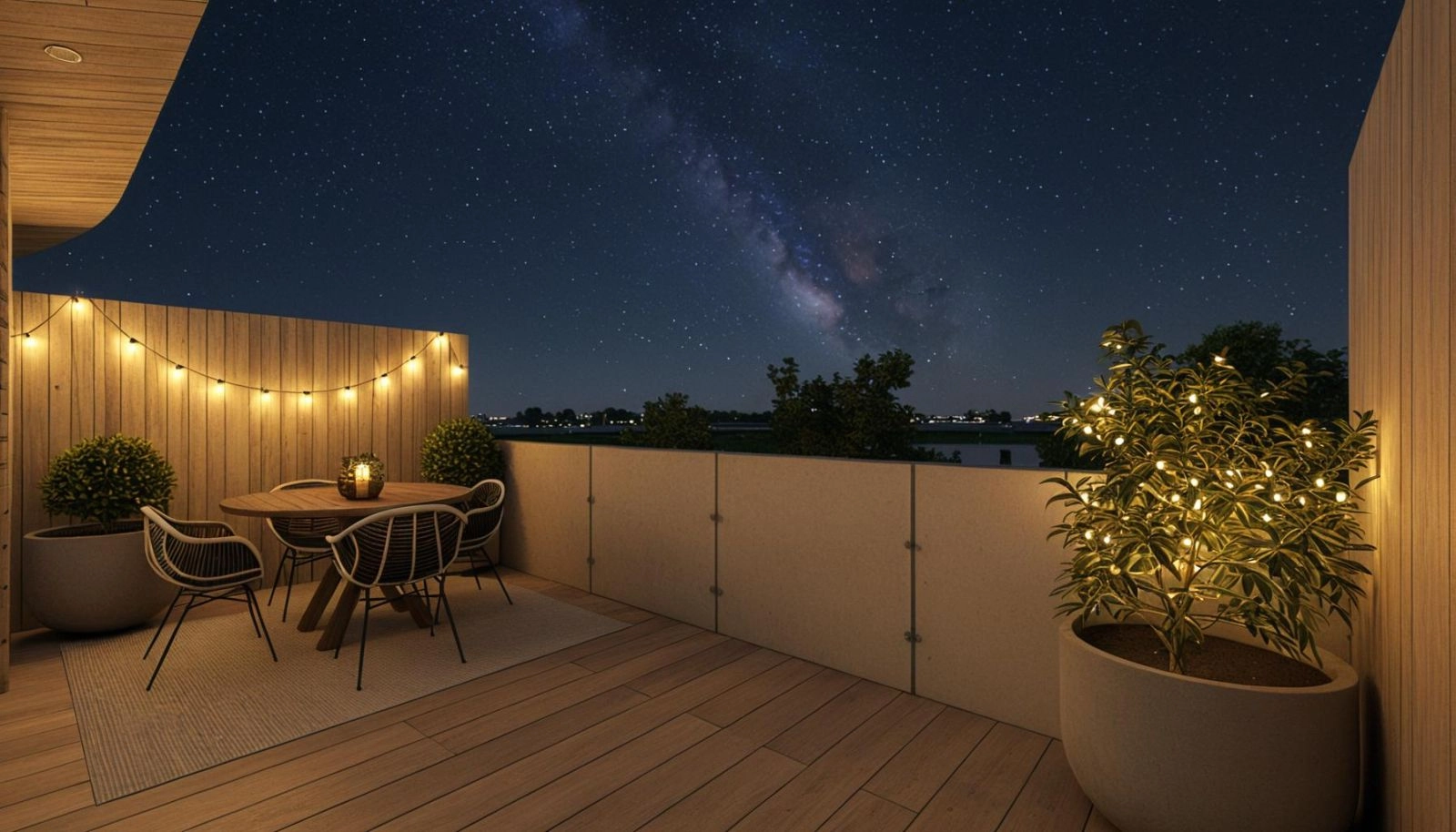 Njut av magiska kvällar på din privata terrass, en idealisk miljö för lugn eftertanke eller underhållning under stjärnorna.