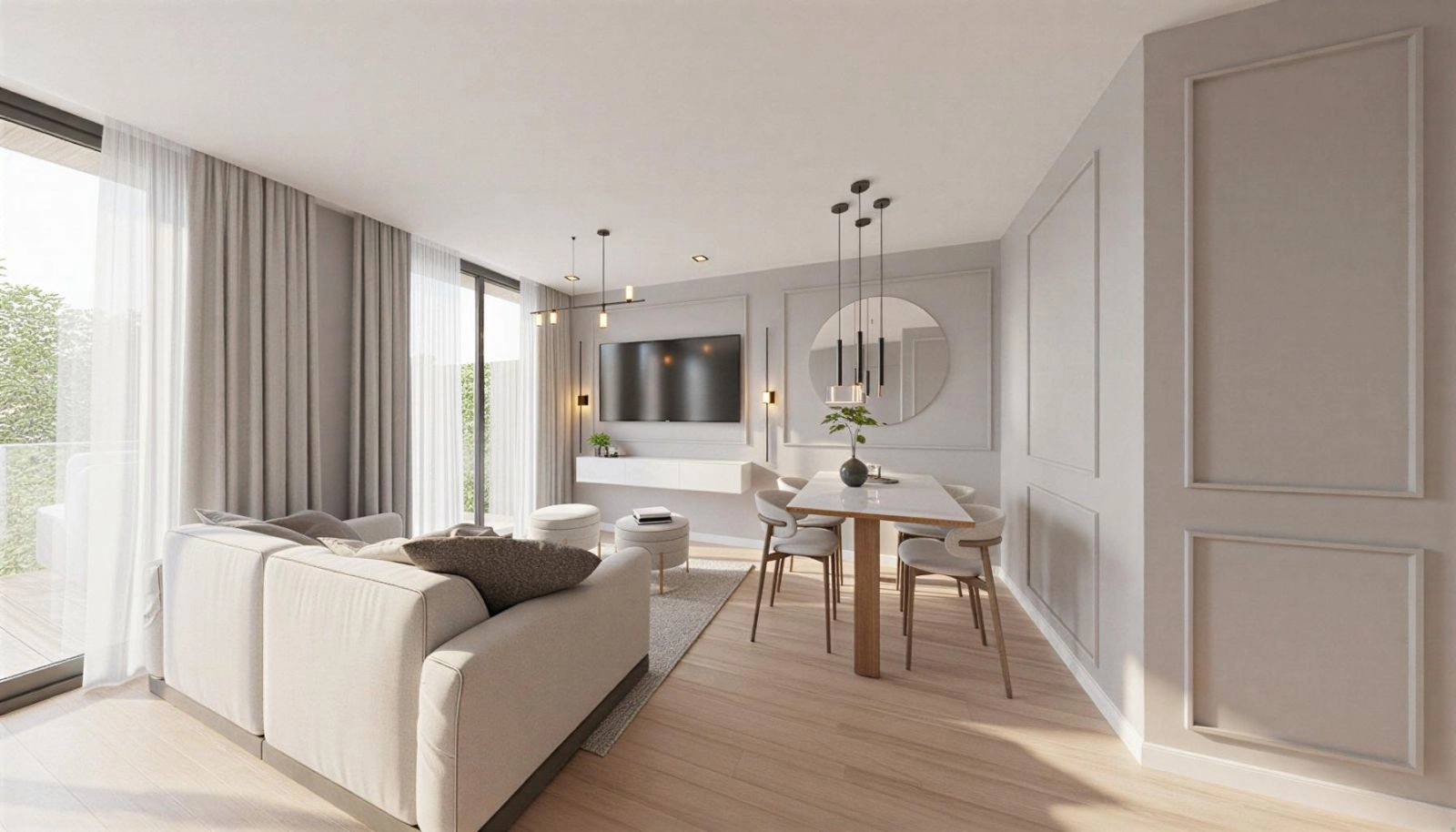 Ett ljust och inbjudande vardagsrum, omsorgsfullt designat med modern stil och unika detaljer för en varm, sofistikerad atmosfär.