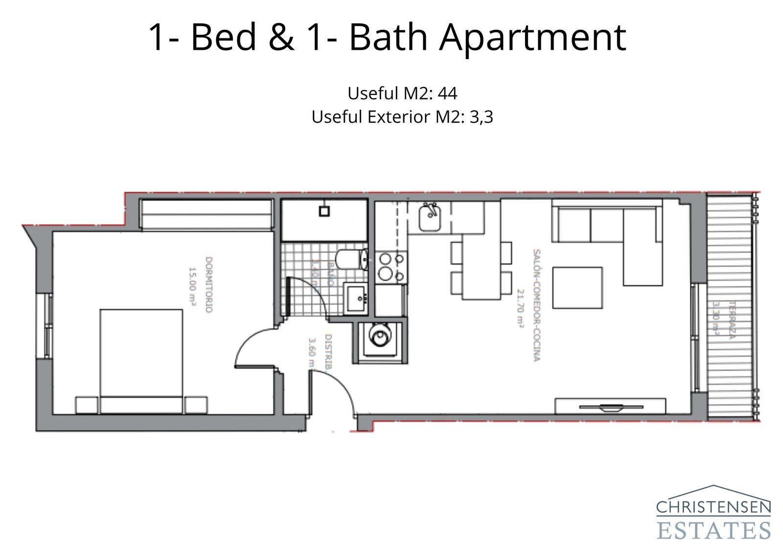 Denna lägenhetslayout med ett sovrum erbjuder en effektiv och öppen design, som sömlöst ansluter vardagsrumsdelen till utomhusutrymmet.