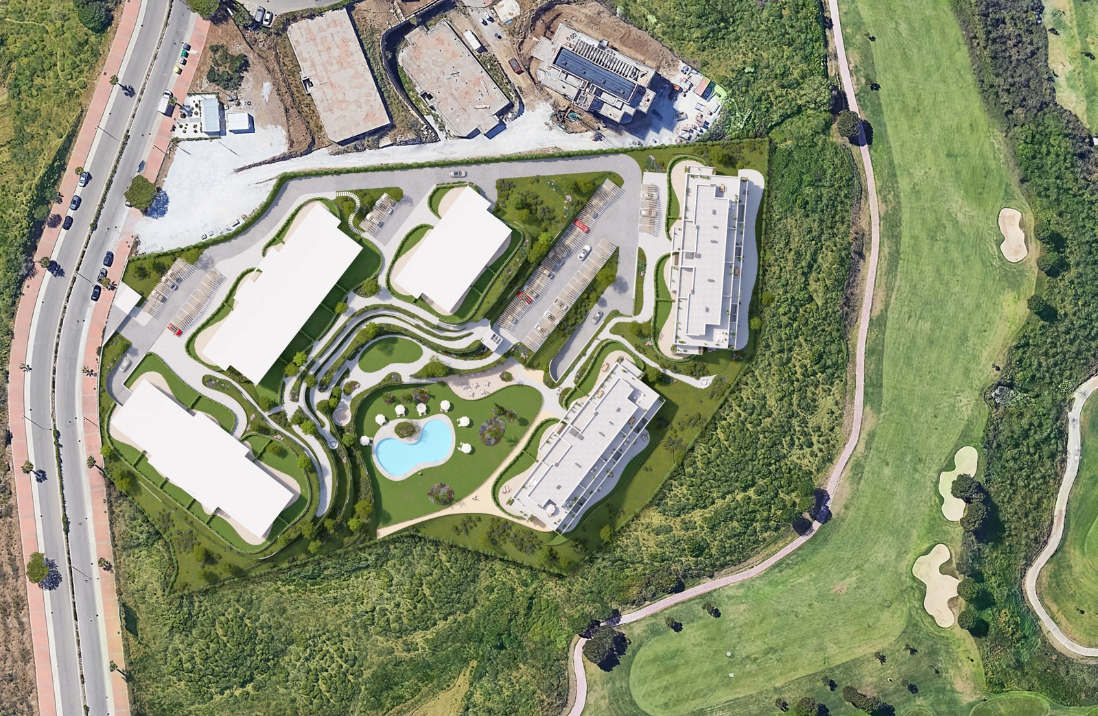 En flygvy över områdets utformning, perfekt integrerad med golfbanan Calanova på Costa del Sol.