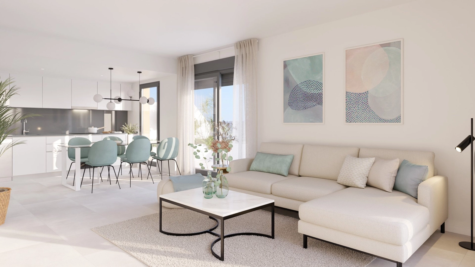 Ett ljust och rymligt vardagsrum och matplats i öppen planlösning, designat för modern komfort.