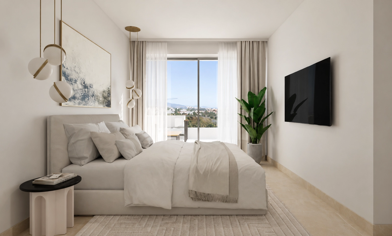 Ett lugnt och rymligt master bedroom med direkt tillgång till en privat terrass, som erbjuder en personlig plats för vila och avkoppling.