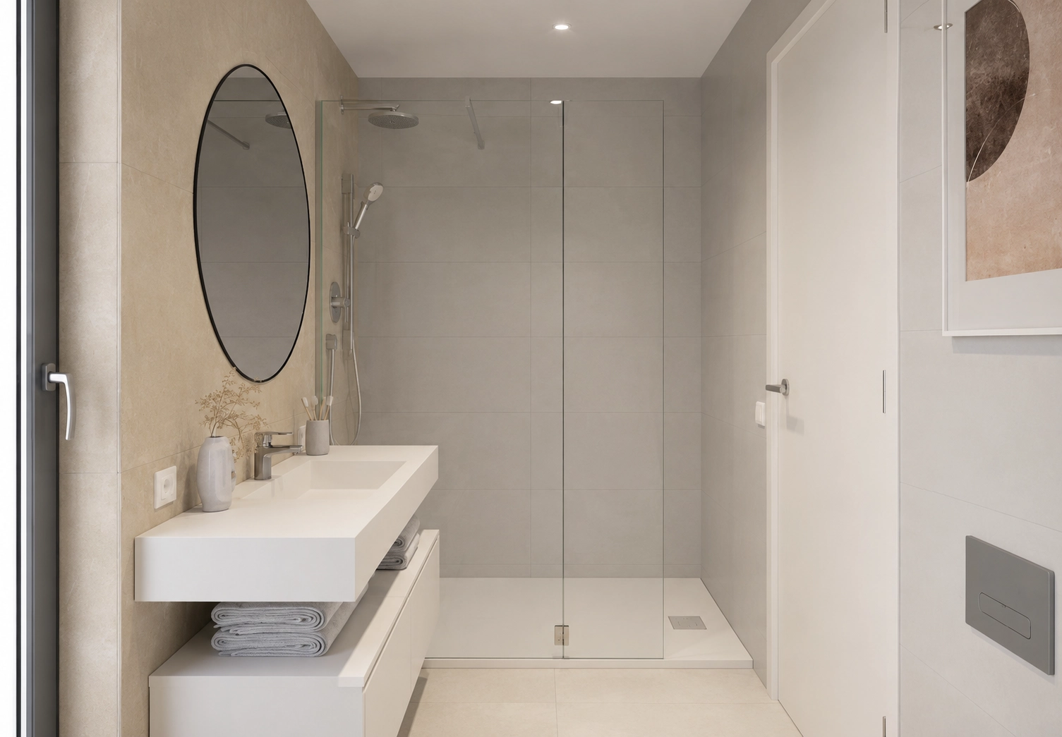 Elegant designat badrum med premiummaterial, en walk-in-dusch och moderna armaturer.