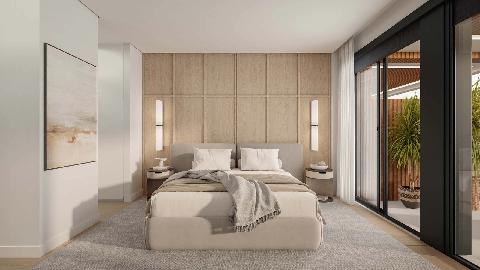 Master sovrummet erbjuder en rofylld tillflyktsort med elegant design och direkt tillgång till terrassen.