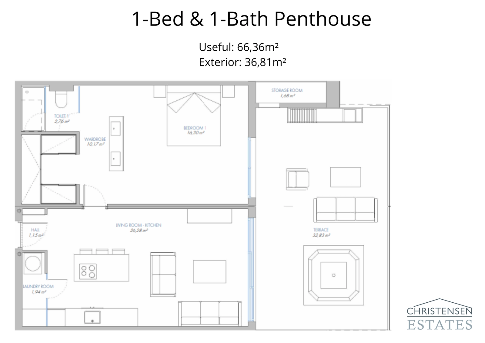 Denna takvåningsplanlösning med ett sovrum erbjuder intelligent användning av utrymme, som förbinder vardagsrummet med en stor terrass med privat jacuzzi.