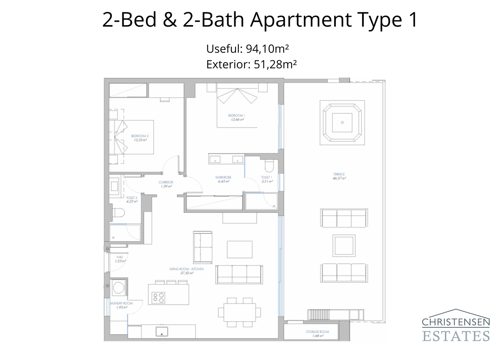 En rymlig planlösning med två sovrum designad för komfort, med en generös terrass som utökar boytan utomhus.