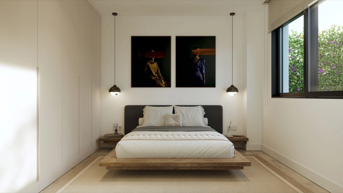 Eleganta huvudsovrum som erbjuder en fridfull tillflyktsort med moderna designinslag.