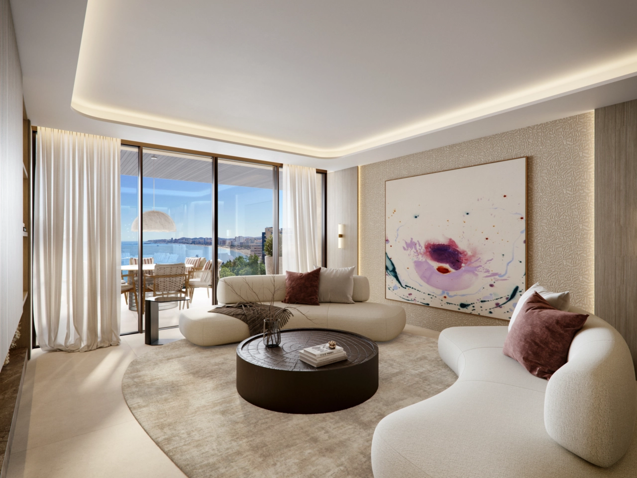 Vardagsrummet är designat för att flyta samman sömlöst med terrassen, vilket skapar en ljus och öppen livsstil med inomhus- och utomhusutrymmen.