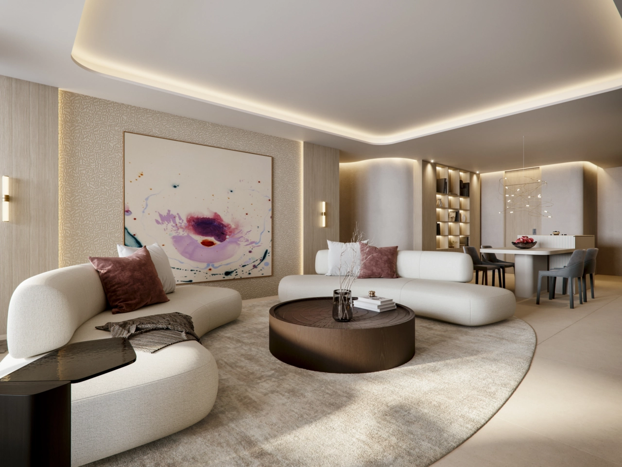 Ett inbjudande och rofyllt vardagsrum, skapat med mjuka texturer och en neutral färgpalett för ultimat komfort.