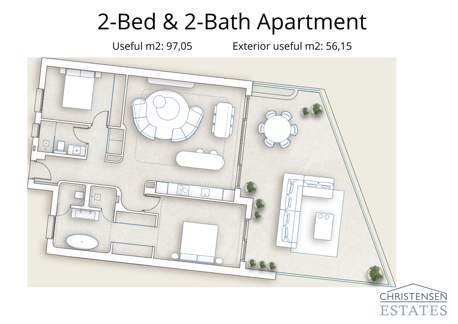 En effektivt designad planlösning med två sovrum och en öppen planlösning som sträcker sig ut till en generös terrass, perfekt för att njuta av Medelhavsklimatet.