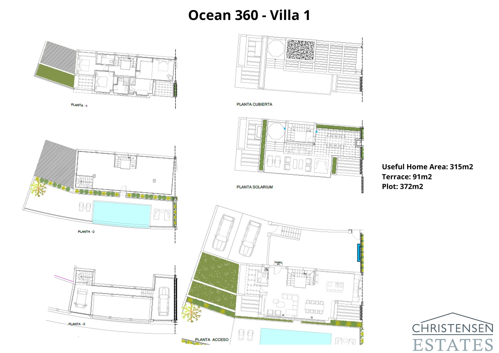 Denna genomtänkta planlösning för Villa 1 visar det sömlösa flödet mellan inomhus- och utomhusutrymmen, med flera våningsplan dedikerade till komfort, underhållning och avskildhet. Observera de rymliga terrasserna och det privata poolområdet.