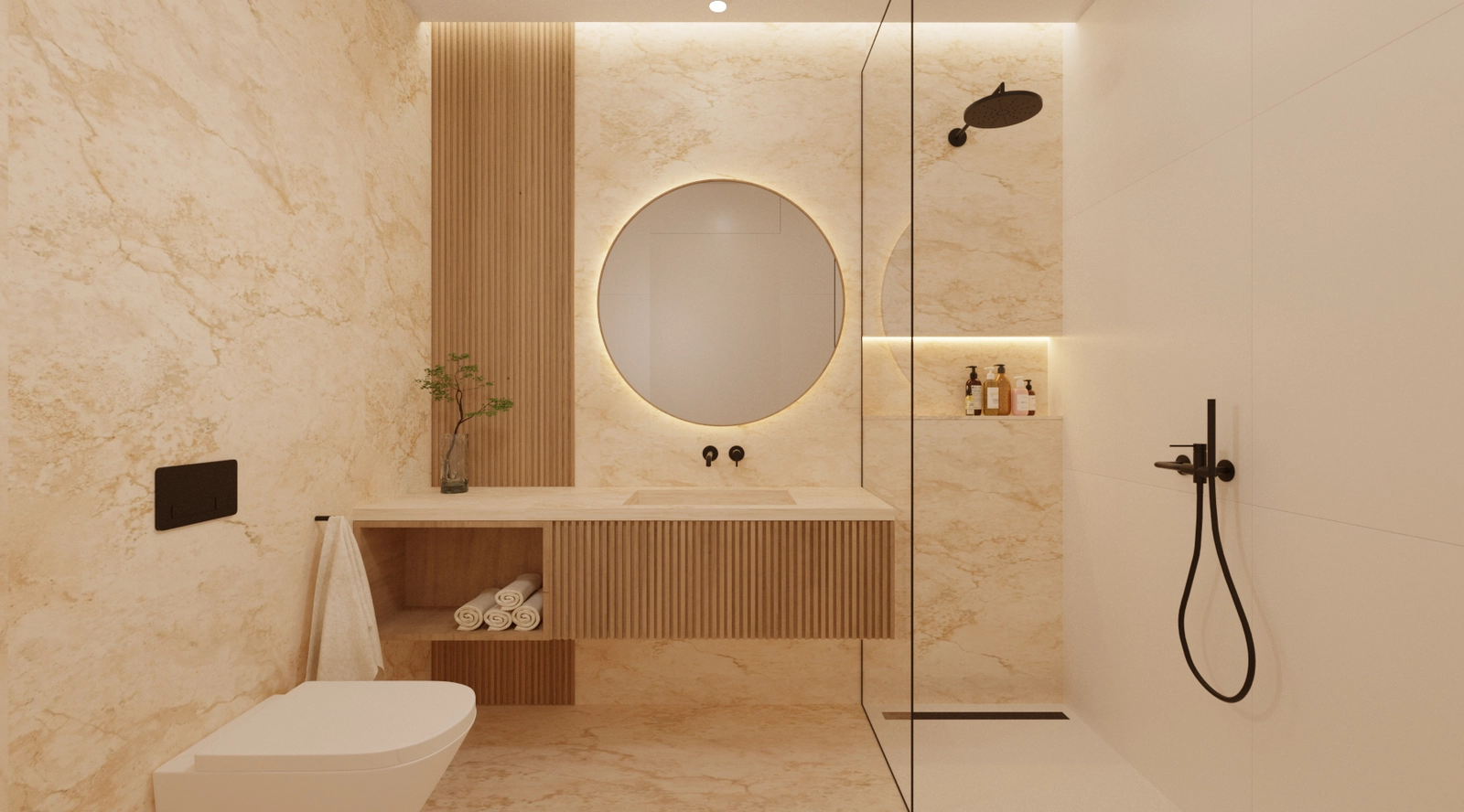 Ett lyxigt badrum som kombinerar naturliga texturer med moderna armaturer.