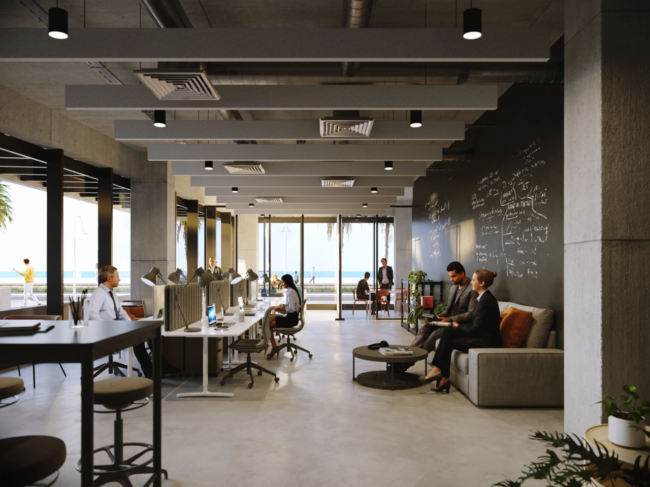 En modern co-working-yta för boende att arbeta eller mötas bekvämt.