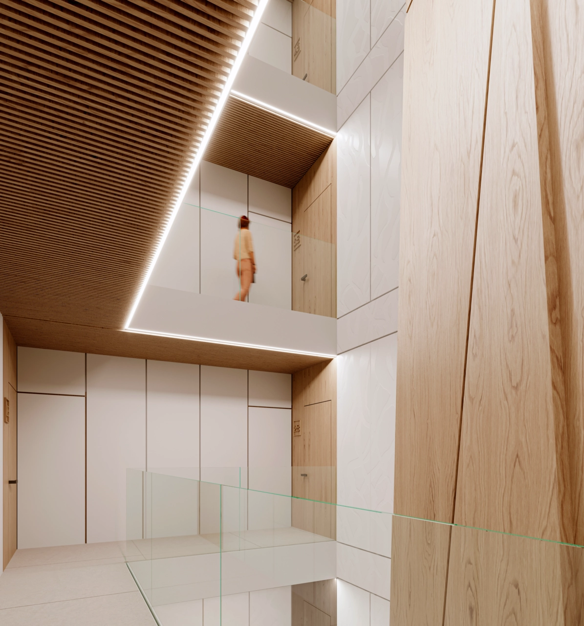 Byggnadens atrium har vackert trä och naturligt ljus.