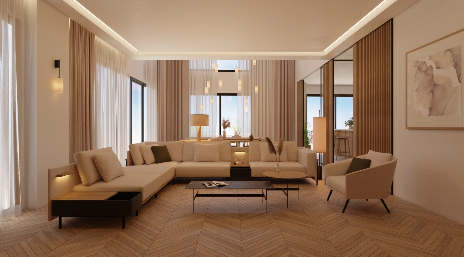 Ett förfinat vardagsrum och matplats, perfekt för att underhålla gäster.