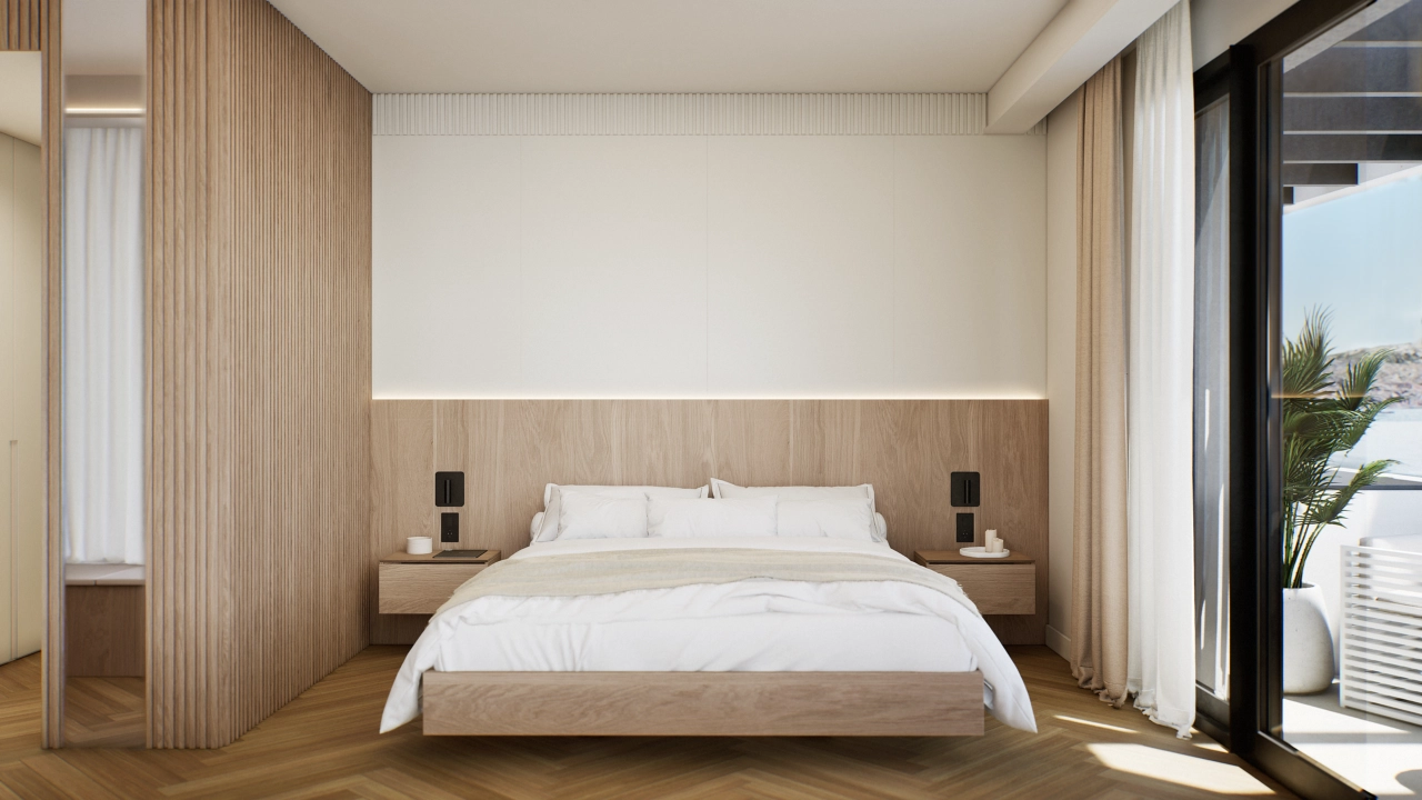 Det rofyllda mastersovrummet är en fridfull tillflyktsort med naturligt ljus.