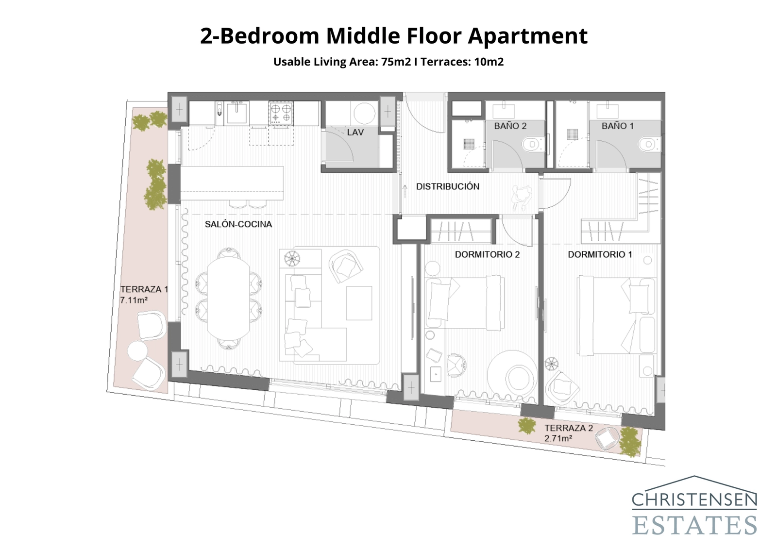 Denna lägenhet med två sovrum erbjuder en öppen vardagsrumsdel och två terrasser, perfekt för att njuta av kustklimatet.