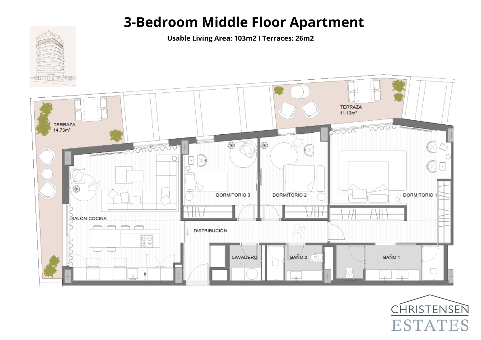 Ett rymligt hem med tre sovrum och generösa terrasser, designat för bekvämt familjeliv och underhållning.