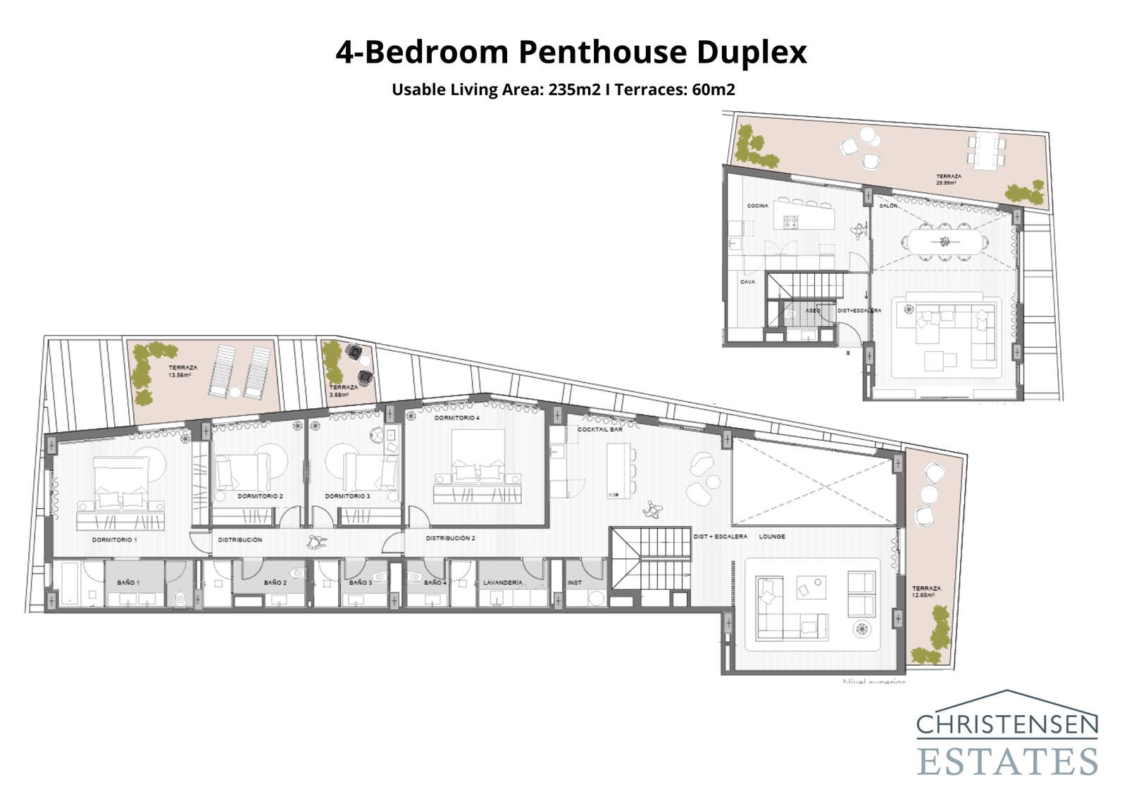 Den expansiva etagevåningen med fyra sovrum erbjuder en lyxig boendeupplevelse i två plan med flera uteplatser.