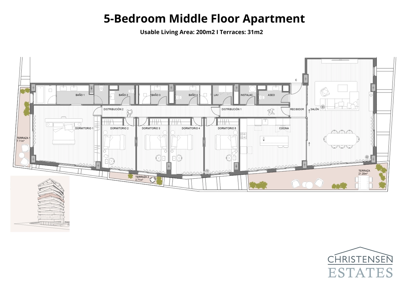 Denna stora bostad med fem sovrum erbjuder omfattande utrymme och en genomtänkt planlösning för ultimat komfort och avskildhet.
